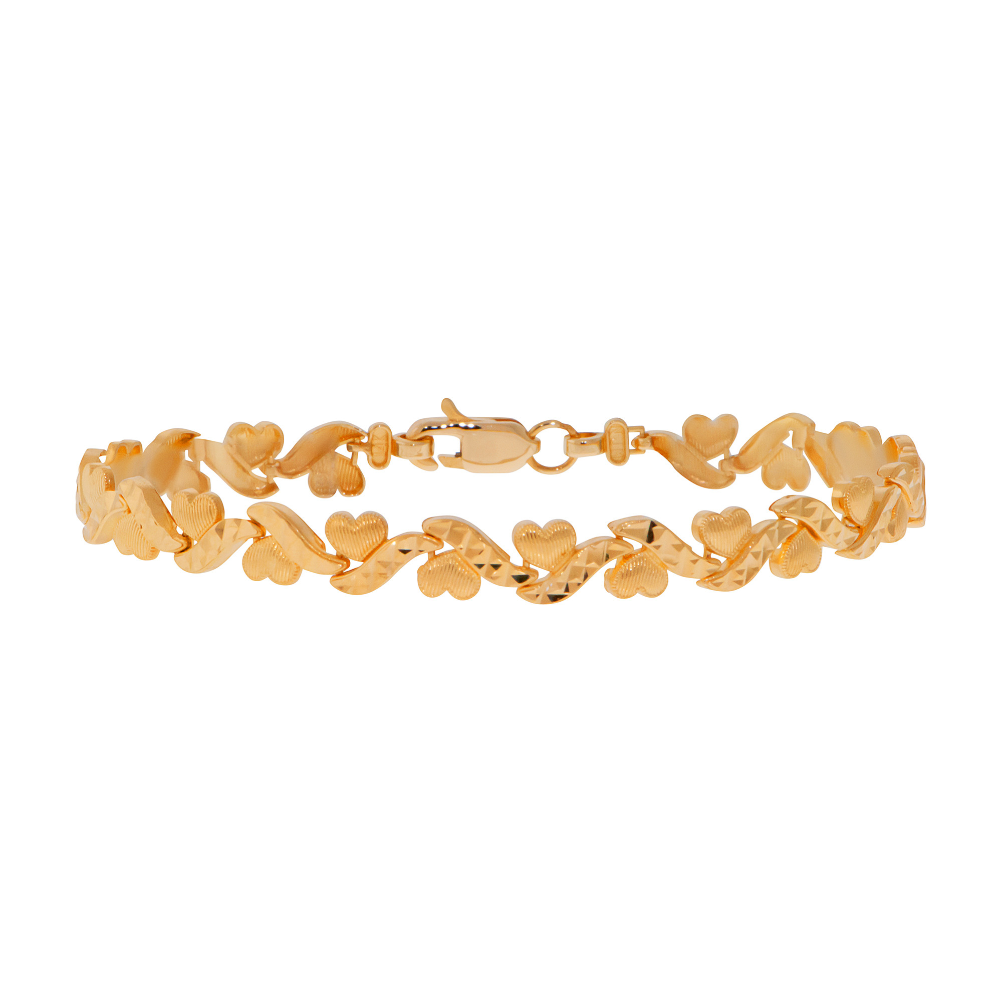 14K Yellow Gold Diamond Cut Heart Bracelet 71/2 Inches